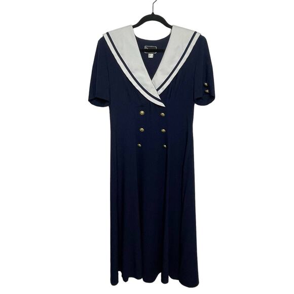 Jolibel Vintage 80's Nautical Sailor Dress Short Sleeve Button Up Blue White 12 - Picture 1 of 12